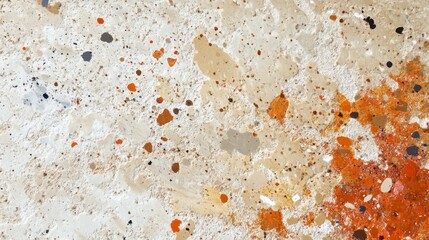 Speckled textures create a captivating background with fine particles in warm tones of orange and cream scattered throughout