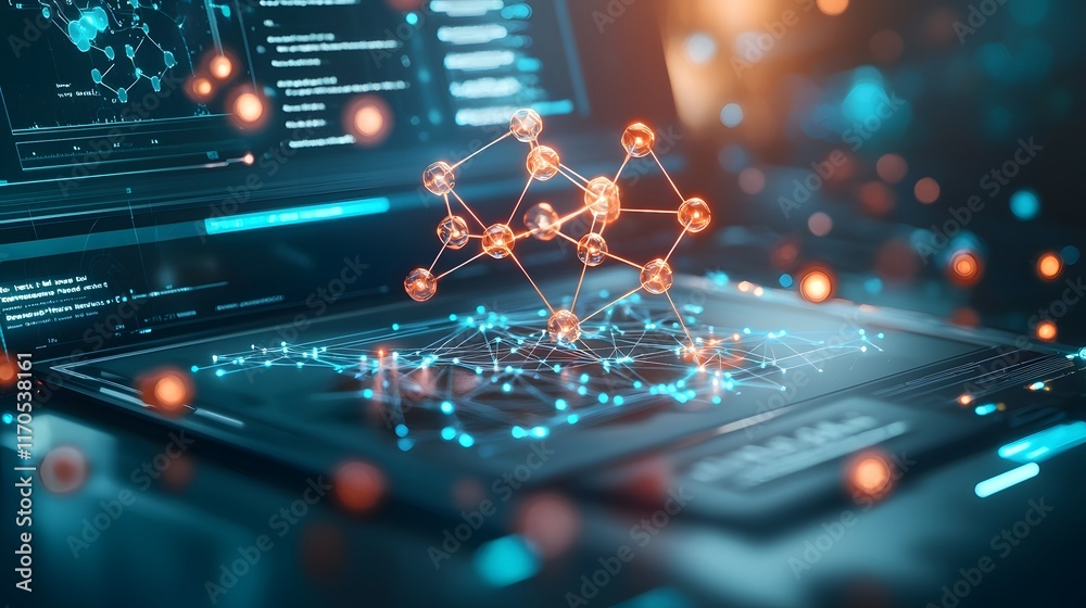 Poster a quantum computer visualizing molecular bonds at the atomic level with glowing connections between 