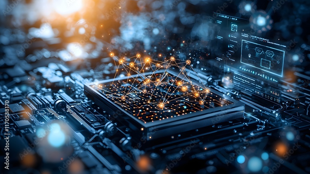 Poster quantum computer visualizing the intricate molecular bonds at the atomic level with glowing connecti