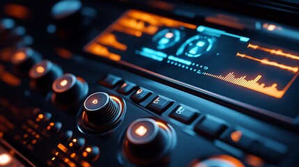 Obraz premium Futuristic car dashboard with digital display and controls.