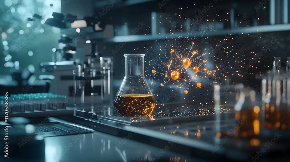 Poster futuristic laboratory setup featuring a quantum algorithm simulation that visualizes the formation a