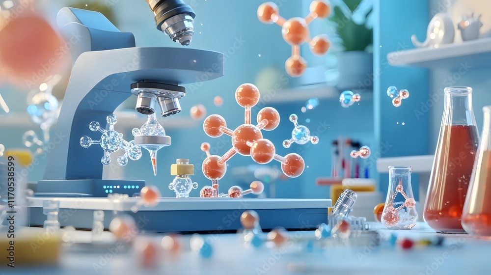 Poster quantum computing analyzing molecular structures with holographic animations of hydrogen bonds and p