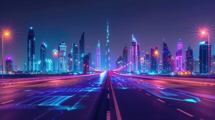 Over an empty highway with buildings in the background, this futuristic cityscape of Dubai at night is illuminated by neon lights and holographic data streams and code lines, vibrant colors