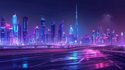 Over an empty highway with buildings in the background, this futuristic cityscape of Dubai at night is illuminated by neon lights and holographic data streams and code lines, vibrant colors