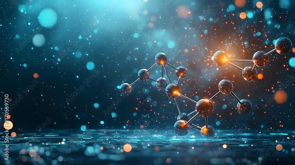 Poster quantum computer interface simulating complex chemical reactions with glowing particle effects and c