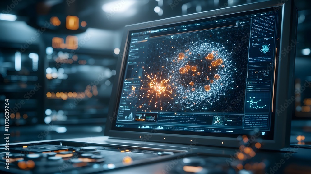 Poster Quantum Computer Interface Simulating Complex Chemical Reactions with Glowing Particle Effects Leaving Copy Space for Text