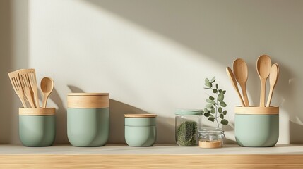 Sage Green Kitchenware with Wooden Utensils and Eucalyptus