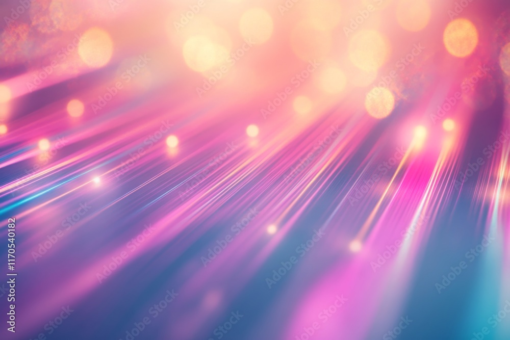 Fototapete Soft glow is surrounded by diffused, multicolored light beams radiating across a light gray background, offering a modern abstract feel with ample copy space