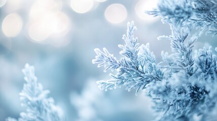 Cool-toned bokeh lights create a serene winter atmosphere with icy blue hues and soft textures