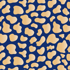 seamless pattern features abstract yellow leopard spots on a blue background, creating a bold and stylish design perfect for textiles, fashion, and decorative purposes