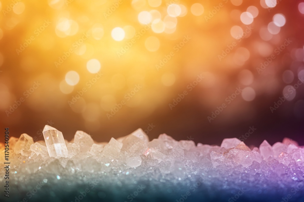 Poster sparkling clear quartz crystals are carefully arranged on plush velvet, refracting rainbow light and