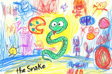 colorful child’s drawing featuring green snake with playful expression, surrounded by various doodles and shapes, showcasing creativity and imagination