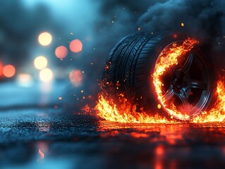 Fiery Wheel Inferno: A Nighttime Car Wheel Engulfed in Flames on a Wet Asphalt Road