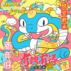 Obraz premium Happy New Year celebration featuring vibrant snake character, symbolizing luck and prosperity, intertwined with cultural elements and festive decorations for Year of Snake