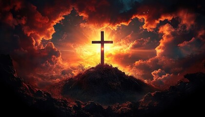 Christian Cross on Hill at Sunset, Hope and Transcendence in Dramatic Landscape, Illuminated Colors and Shadows