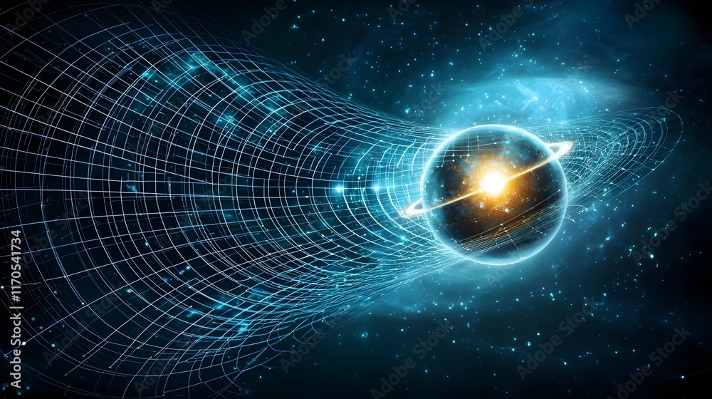 Poster quantum computer showcasing the warping of spacetime by gravity with animated grids bending and dist