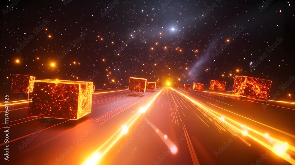 Poster futuristic visualization of quantum computing simulating the interaction of light beams in gravitati