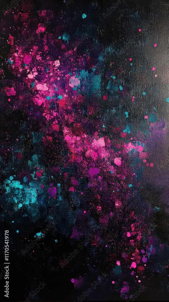 Poster vibrant abstract artwork with turquoise and magenta sparkles against a dark background