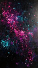 Vibrant abstract artwork with turquoise and magenta sparkles against a dark background