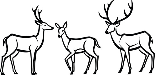 Graphic black silhouettes of wild deers – male, female and roe deer