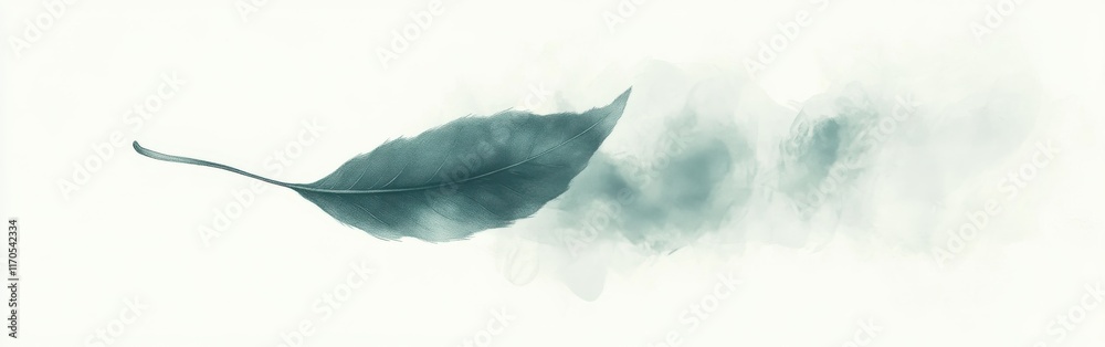 Poster Silhouette of a single leaf gently floating in a calm, ethereal setting emphasizing nature's tranquility