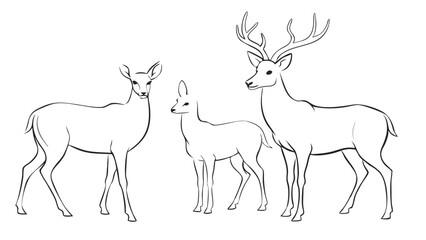 Graphic black silhouettes of wild deers &ndash; male, female and roe deer