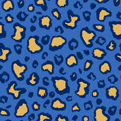 seamless leopard print pattern featuring blue and yellow colors. The design is trendy and stylish, making it ideal for fashion, textiles, and decorative purposes