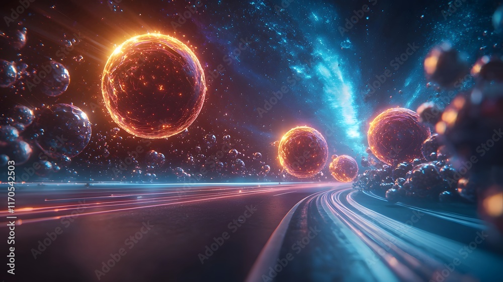 Poster Quantum Computing Analyzing Lorentz Transformations with Glowing Animations of Contracting Objects at Near Light Speeds Leaving Copy Space on the Bottom Left