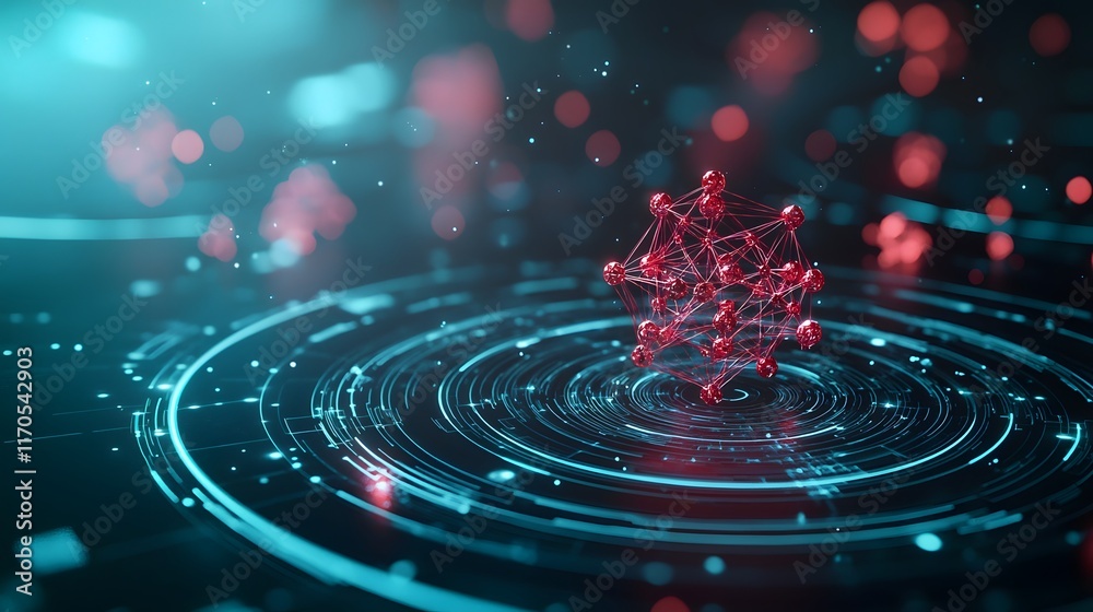 Poster futuristic quantum computer simulating the principles of general relativity with holographic 3d mode
