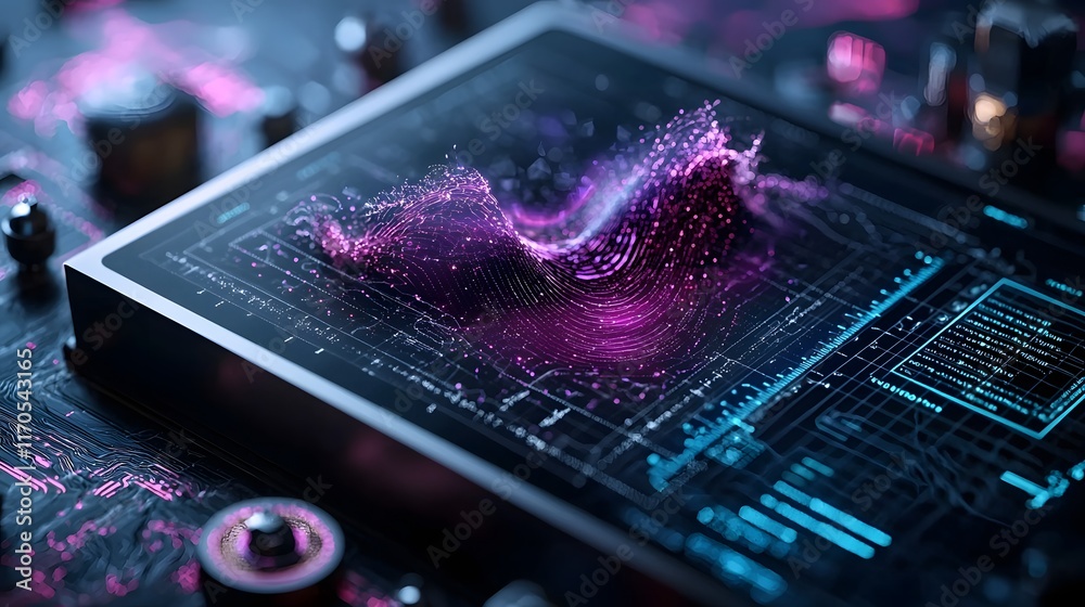 Poster quantum computing visualizing gravitational waves propagating through spacetime with animated ripple