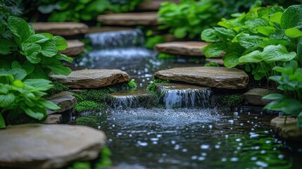 Fototapeta premium Serene stepping stones waterfall garden.