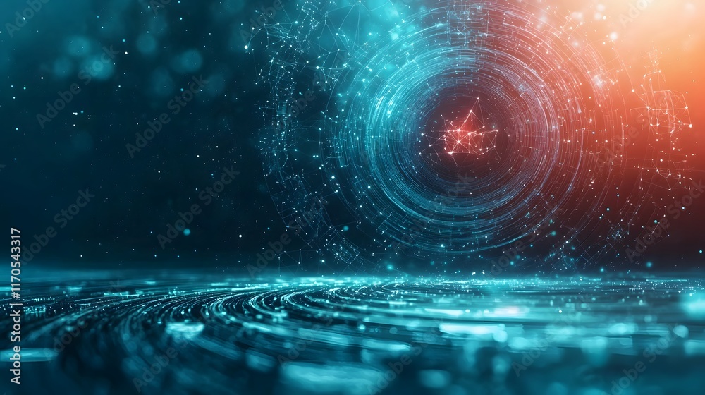 Poster quantum computing visualizing gravitational wave propagation in spacetime with animated ripples and 