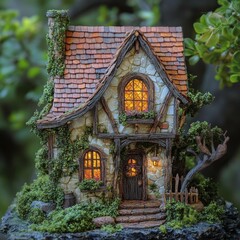 Fototapeta premium Enchanting Miniature Cottage Fairytale House Illuminated Windows Mossy Roof Fairy Garden