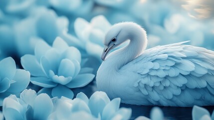 Fototapeta premium Serene white swan amidst pastel blue flowers.