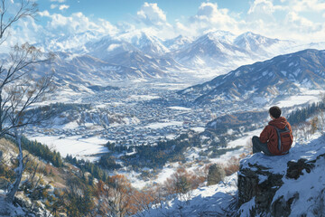 Fototapeta premium A boy sits on an elevated hill overlooking a vast mountain valley and the small town below in winter