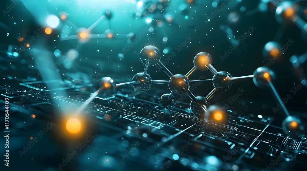 Poster quantum computer visualizing chemical equilibrium with animated molecules moving in dynamic balance 