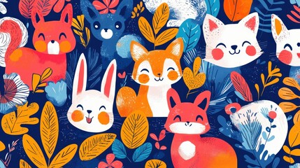 Happy Animals Amongst Vibrant Autumn Leaves And Flowers