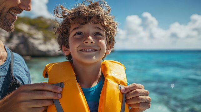 A father is teaching his 5 year old son. Put on a life jacket correctly and safely before going for a swim in the sea or before getting into a boat.