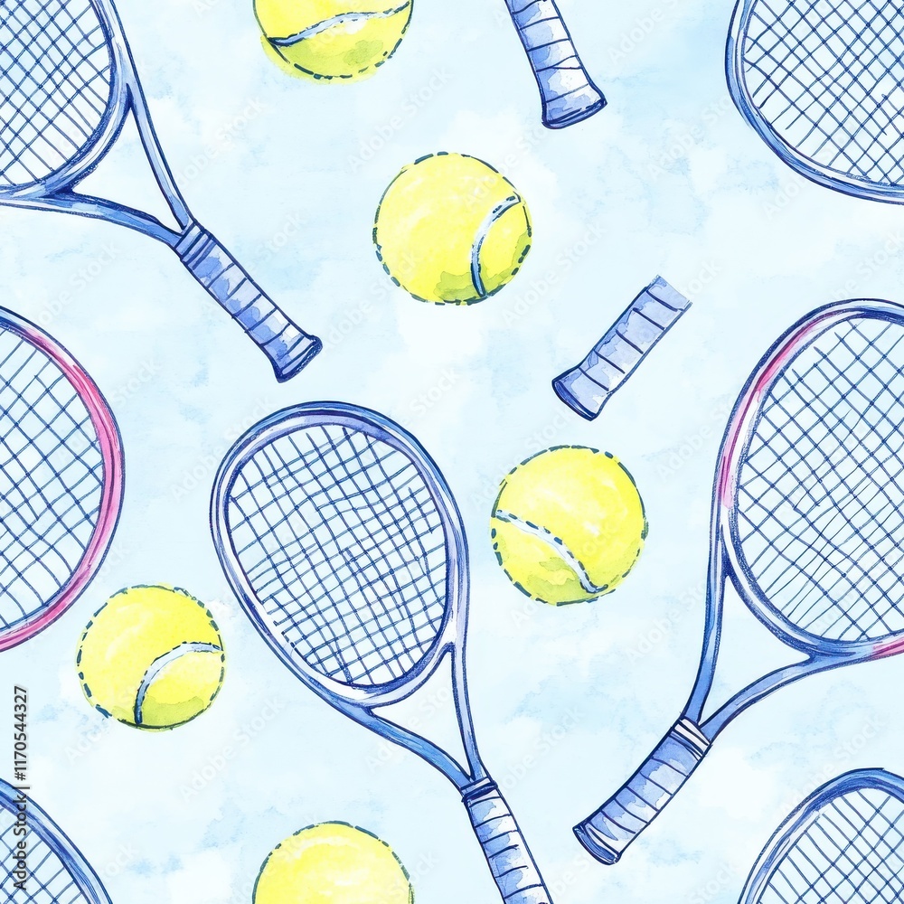 Poster whimsical watercolor doodles of tennis rackets and balls on a light blue background create a fun pat