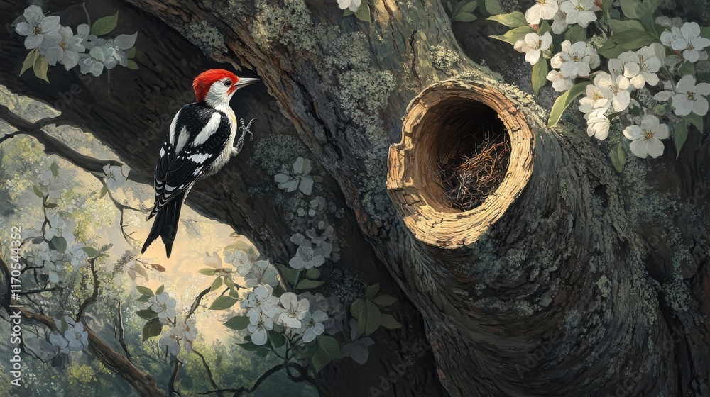 Aufkleber Woodpecker vigorously hammers into tree trunk while surrounded by blooming flowers in a serene forest setting