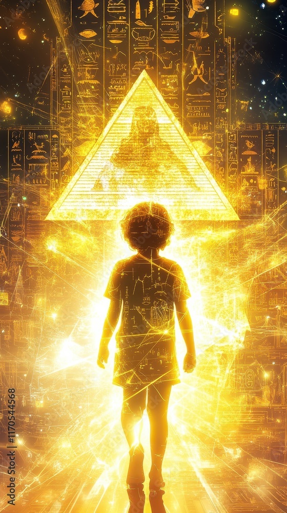 Poster Vibrant visualization of a glowing child exploring ancient symbols in a mystical setting