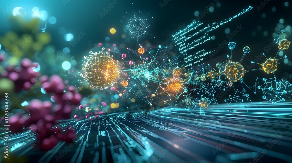 Poster A futuristic quantum computer simulating the equilibrium constant of a reversible chemical reaction with interactive 3D models and glowing equations displayed on its digital interface