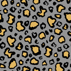 seamless pattern features a leopard print design with yellow and black spots on a gray background, perfect for fashion, textiles, and stylish decorative purposes