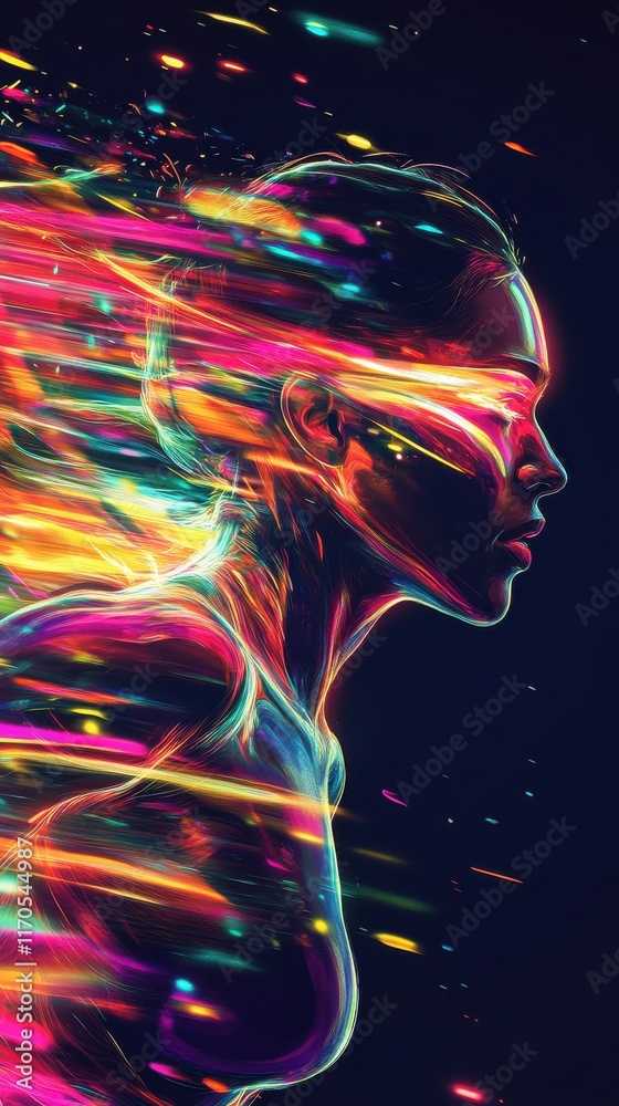 Poster vibrant depiction of a runner's face glowing as they sprint through colorful trails of light