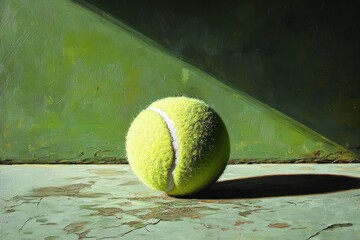 Tennis Ball on Green Court with Shadow Fuzzy Texture Close-up Sports Background