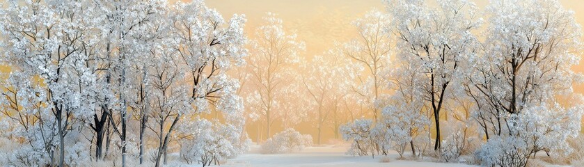 Fototapeta premium Serene Winter Landscape with Frost-Covered Trees under Soft Golden Glow Amidst Calm Snowy Pathway in a Peaceful Natural Setting
