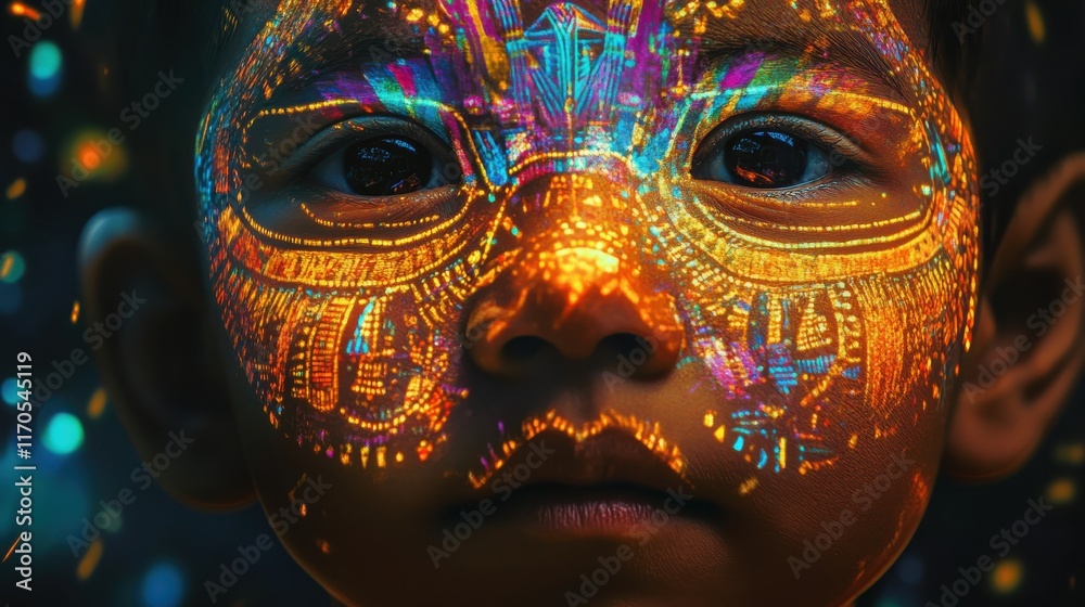 Poster Vibrant depiction of a child's glowing face with colorful patterns reflecting joy and wonder in a magical atmosphere