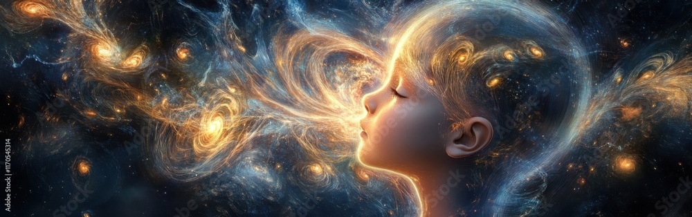 Poster surreal visualization of a child's face with cosmic swirls and starlit patterns expressing wonder an