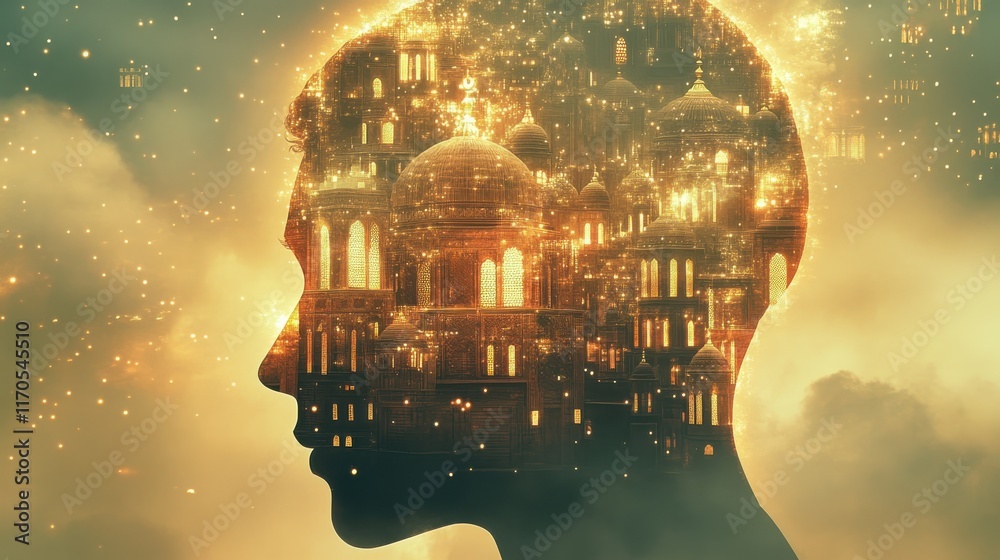 Poster surreal depiction of a glowing man blending with intricate cityscape at twilight