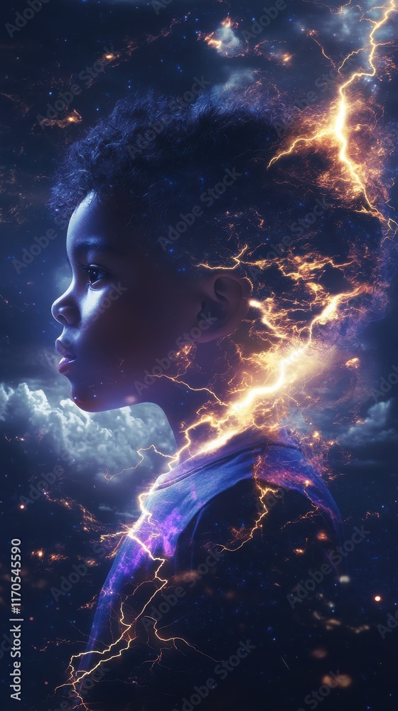 Aufkleber Surreal representation of a glowing child surrounded by cosmic elements at twilight